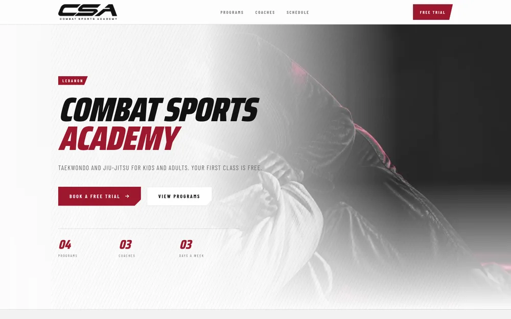Combat Sports Academy website, homepage screenshot