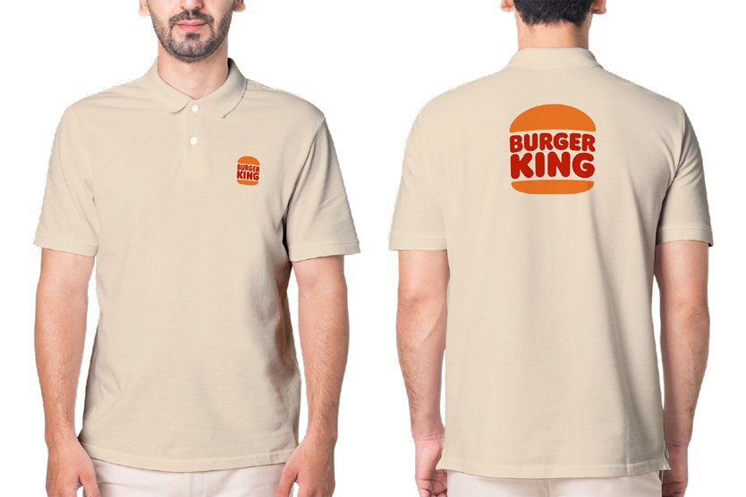Beige branded polo uniforms, front and back view
