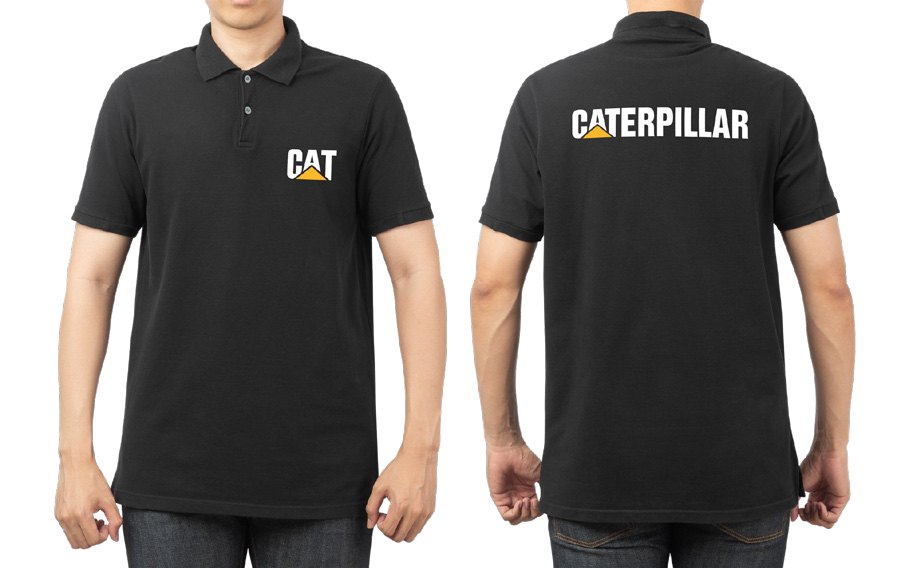 Black branded workwear polos, front and back
